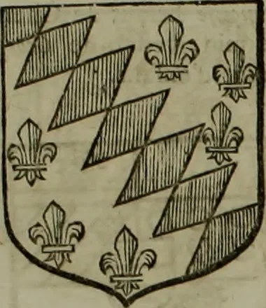 An illustration from Histoire généalogique et chronologique de la maison royale de France, des pairs, grands officiers de la couronne & de la maison du roy & des anciens barons du royaume : avec les qualitez, l'origine, le progrés & les armes de leurs familles; ensemble les statuts & le catalogue des chevaliers, commandeurs, & officiers de l'ordre du S. Esprit : le tovt dressé svr titres originaux, svr les registres des chartes du roy, du parlement, de la chambre des comptes, & du châtelet de Paris, cartulaires, manuscrits de la bibliotheque du roy, & d'autres cabinets curieux, 1726, leaf 148