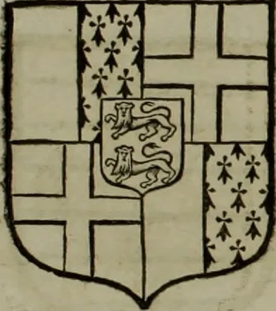 An illustration from Histoire généalogique et chronologique de la maison royale de France, des pairs, grands officiers de la couronne & de la maison du roy & des anciens barons du royaume : avec les qualitez, l'origine, le progrés & les armes de leurs familles; ensemble les statuts & le catalogue des chevaliers, commandeurs, & officiers de l'ordre du S. Esprit : le tovt dressé svr titres originaux, svr les registres des chartes du roy, du parlement, de la chambre des comptes, & du châtelet de Paris, cartulaires, manuscrits de la bibliotheque du roy, & d'autres cabinets curieux, 1726, leaf 158