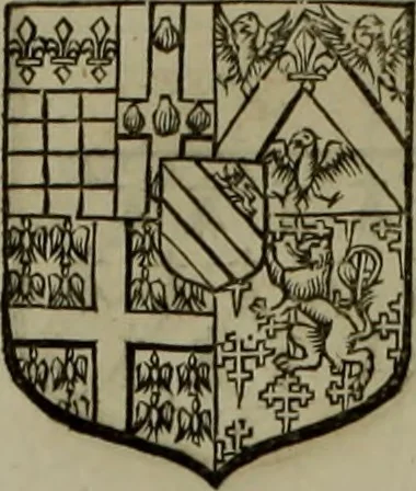 An illustration from Histoire généalogique et chronologique de la maison royale de France, des pairs, grands officiers de la couronne & de la maison du roy & des anciens barons du royaume : avec les qualitez, l'origine, le progrés & les armes de leurs familles; ensemble les statuts & le catalogue des chevaliers, commandeurs, & officiers de l'ordre du S. Esprit : le tovt dressé svr titres originaux, svr les registres des chartes du roy, du parlement, de la chambre des comptes, & du châtelet de Paris, cartulaires, manuscrits de la bibliotheque du roy, & d'autres cabinets curieux, 1726, leaf 159