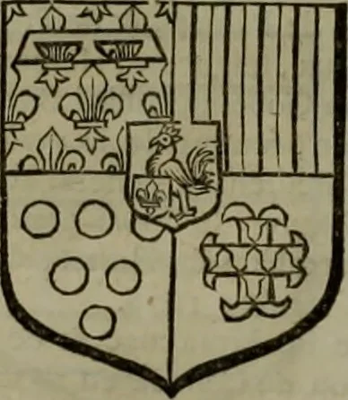 An illustration from Histoire généalogique et chronologique de la maison royale de France, des pairs, grands officiers de la couronne & de la maison du roy & des anciens barons du royaume : avec les qualitez, l'origine, le progrés & les armes de leurs familles; ensemble les statuts & le catalogue des chevaliers, commandeurs, & officiers de l'ordre du S. Esprit : le tovt dressé svr titres originaux, svr les registres des chartes du roy, du parlement, de la chambre des comptes, & du châtelet de Paris, cartulaires, manuscrits de la bibliotheque du roy, & d'autres cabinets curieux, 1726, leaf 161