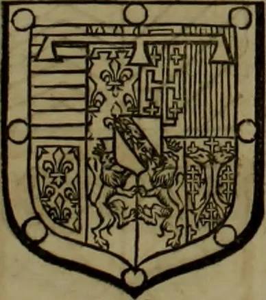 An illustration from Histoire généalogique et chronologique de la maison royale de France, des pairs, grands officiers de la couronne & de la maison du roy & des anciens barons du royaume : avec les qualitez, l'origine, le progrés & les armes de leurs familles; ensemble les statuts & le catalogue des chevaliers, commandeurs, & officiers de l'ordre du S. Esprit : le tovt dressé svr titres originaux, svr les registres des chartes du roy, du parlement, de la chambre des comptes, & du châtelet de Paris, cartulaires, manuscrits de la bibliotheque du roy, & d'autres cabinets curieux, 1726, leaf 168