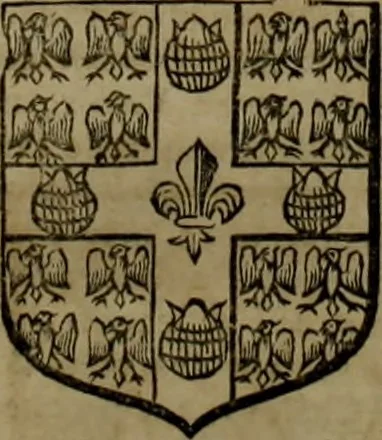 An illustration from Histoire généalogique et chronologique de la maison royale de France, des pairs, grands officiers de la couronne & de la maison du roy & des anciens barons du royaume : avec les qualitez, l'origine, le progrés & les armes de leurs familles; ensemble les statuts & le catalogue des chevaliers, commandeurs, & officiers de l'ordre du S. Esprit : le tovt dressé svr titres originaux, svr les registres des chartes du roy, du parlement, de la chambre des comptes, & du châtelet de Paris, cartulaires, manuscrits de la bibliotheque du roy, & d'autres cabinets curieux, 1726, leaf 173