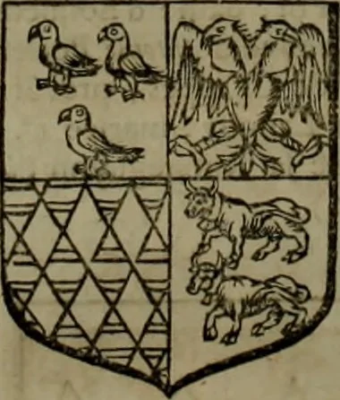An illustration from Histoire généalogique et chronologique de la maison royale de France, des pairs, grands officiers de la couronne & de la maison du roy & des anciens barons du royaume : avec les qualitez, l'origine, le progrés & les armes de leurs familles; ensemble les statuts & le catalogue des chevaliers, commandeurs, & officiers de l'ordre du S. Esprit : le tovt dressé svr titres originaux, svr les registres des chartes du roy, du parlement, de la chambre des comptes, & du châtelet de Paris, cartulaires, manuscrits de la bibliotheque du roy, & d'autres cabinets curieux, 1726, leaf 175