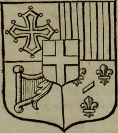 An illustration from Histoire généalogique et chronologique de la maison royale de France, des pairs, grands officiers de la couronne & de la maison du roy & des anciens barons du royaume : avec les qualitez, l'origine, le progrés & les armes de leurs familles; ensemble les statuts & le catalogue des chevaliers, commandeurs, & officiers de l'ordre du S. Esprit : le tovt dressé svr titres originaux, svr les registres des chartes du roy, du parlement, de la chambre des comptes, & du châtelet de Paris, cartulaires, manuscrits de la bibliotheque du roy, & d'autres cabinets curieux, 1726, leaf 178
