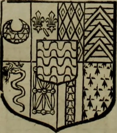 An illustration from Histoire généalogique et chronologique de la maison royale de France, des pairs, grands officiers de la couronne & de la maison du roy & des anciens barons du royaume : avec les qualitez, l'origine, le progrés & les armes de leurs familles; ensemble les statuts & le catalogue des chevaliers, commandeurs, & officiers de l'ordre du S. Esprit : le tovt dressé svr titres originaux, svr les registres des chartes du roy, du parlement, de la chambre des comptes, & du châtelet de Paris, cartulaires, manuscrits de la bibliotheque du roy, & d'autres cabinets curieux, 1726, leaf 181
