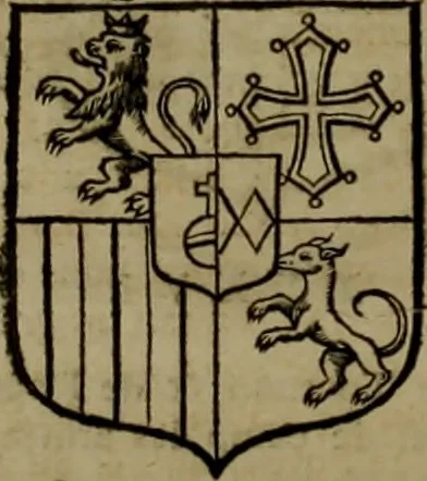 An illustration from Histoire généalogique et chronologique de la maison royale de France, des pairs, grands officiers de la couronne & de la maison du roy & des anciens barons du royaume : avec les qualitez, l'origine, le progrés & les armes de leurs familles; ensemble les statuts & le catalogue des chevaliers, commandeurs, & officiers de l'ordre du S. Esprit : le tovt dressé svr titres originaux, svr les registres des chartes du roy, du parlement, de la chambre des comptes, & du châtelet de Paris, cartulaires, manuscrits de la bibliotheque du roy, & d'autres cabinets curieux, 1726, leaf 183