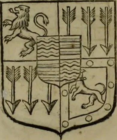 An illustration from Histoire généalogique et chronologique de la maison royale de France, des pairs, grands officiers de la couronne & de la maison du roy & des anciens barons du royaume : avec les qualitez, l'origine, le progrés & les armes de leurs familles; ensemble les statuts & le catalogue des chevaliers, commandeurs, & officiers de l'ordre du S. Esprit : le tovt dressé svr titres originaux, svr les registres des chartes du roy, du parlement, de la chambre des comptes, & du châtelet de Paris, cartulaires, manuscrits de la bibliotheque du roy, & d'autres cabinets curieux, 1726, leaf 197
