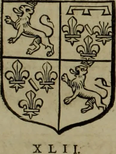 An illustration from Histoire généalogique et chronologique de la maison royale de France, des pairs, grands officiers de la couronne & de la maison du roy & des anciens barons du royaume : avec les qualitez, l'origine, le progrés & les armes de leurs familles; ensemble les statuts & le catalogue des chevaliers, commandeurs, & officiers de l'ordre du S. Esprit : le tovt dressé svr titres originaux, svr les registres des chartes du roy, du parlement, de la chambre des comptes, & du châtelet de Paris, cartulaires, manuscrits de la bibliotheque du roy, & d'autres cabinets curieux, 1726, leaf 208