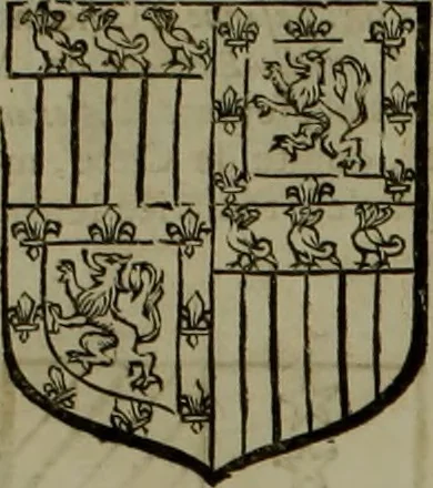 An illustration from Histoire généalogique et chronologique de la maison royale de France, des pairs, grands officiers de la couronne & de la maison du roy & des anciens barons du royaume : avec les qualitez, l'origine, le progrés & les armes de leurs familles; ensemble les statuts & le catalogue des chevaliers, commandeurs, & officiers de l'ordre du S. Esprit : le tovt dressé svr titres originaux, svr les registres des chartes du roy, du parlement, de la chambre des comptes, & du châtelet de Paris, cartulaires, manuscrits de la bibliotheque du roy, & d'autres cabinets curieux, 1726, leaf 214