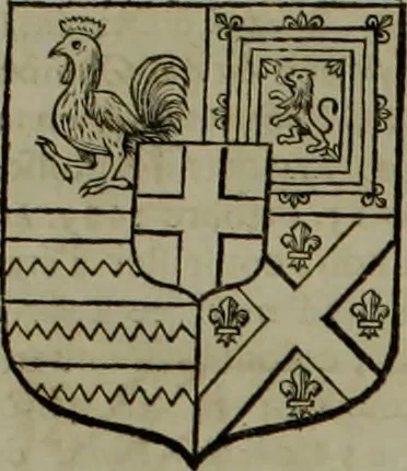 An illustration from Histoire généalogique et chronologique de la maison royale de France, des pairs, grands officiers de la couronne & de la maison du roy & des anciens barons du royaume : avec les qualitez, l'origine, le progrés & les armes de leurs familles; ensemble les statuts & le catalogue des chevaliers, commandeurs, & officiers de l'ordre du S. Esprit : le tovt dressé svr titres originaux, svr les registres des chartes du roy, du parlement, de la chambre des comptes, & du châtelet de Paris, cartulaires, manuscrits de la bibliotheque du roy, & d'autres cabinets curieux, 1726, leaf 216