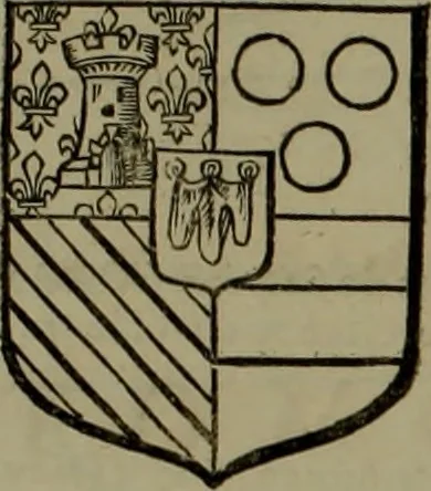 An illustration from Histoire généalogique et chronologique de la maison royale de France, des pairs, grands officiers de la couronne & de la maison du roy & des anciens barons du royaume : avec les qualitez, l'origine, le progrés & les armes de leurs familles; ensemble les statuts & le catalogue des chevaliers, commandeurs, & officiers de l'ordre du S. Esprit : le tovt dressé svr titres originaux, svr les registres des chartes du roy, du parlement, de la chambre des comptes, & du châtelet de Paris, cartulaires, manuscrits de la bibliotheque du roy, & d'autres cabinets curieux, 1726, leaf 218
