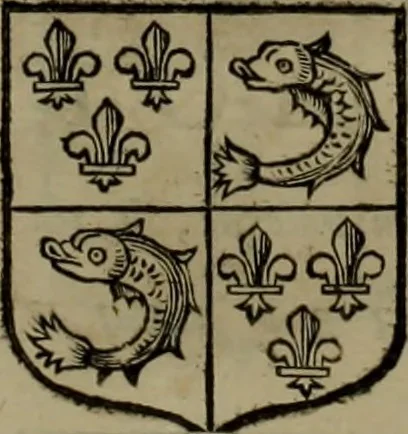 An illustration from Histoire généalogique et chronologique de la maison royale de France, des pairs, grands officiers de la couronne & de la maison du roy & des anciens barons du royaume : avec les qualitez, l'origine, le progrés & les armes de leurs familles; ensemble les statuts & le catalogue des chevaliers, commandeurs, & officiers de l'ordre du S. Esprit : le tovt dressé svr titres originaux, svr les registres des chartes du roy, du parlement, de la chambre des comptes, & du châtelet de Paris, cartulaires, manuscrits de la bibliotheque du roy, & d'autres cabinets curieux, 1726, leaf 221