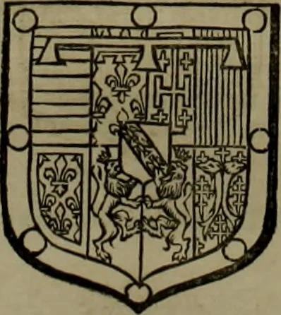 An illustration from Histoire généalogique et chronologique de la maison royale de France, des pairs, grands officiers de la couronne & de la maison du roy & des anciens barons du royaume : avec les qualitez, l'origine, le progrés & les armes de leurs familles; ensemble les statuts & le catalogue des chevaliers, commandeurs, & officiers de l'ordre du S. Esprit : le tovt dressé svr titres originaux, svr les registres des chartes du roy, du parlement, de la chambre des comptes, & du châtelet de Paris, cartulaires, manuscrits de la bibliotheque du roy, & d'autres cabinets curieux, 1726, leaf 225