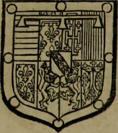 An illustration from Histoire généalogique et chronologique de la maison royale de France, des pairs, grands officiers de la couronne & de la maison du roy & des anciens barons du royaume : avec les qualitez, l'origine, le progrés & les armes de leurs familles; ensemble les statuts & le catalogue des chevaliers, commandeurs, & officiers de l'ordre du S. Esprit : le tovt dressé svr titres originaux, svr les registres des chartes du roy, du parlement, de la chambre des comptes, & du châtelet de Paris, cartulaires, manuscrits de la bibliotheque du roy, & d'autres cabinets curieux, 1726, leaf 226