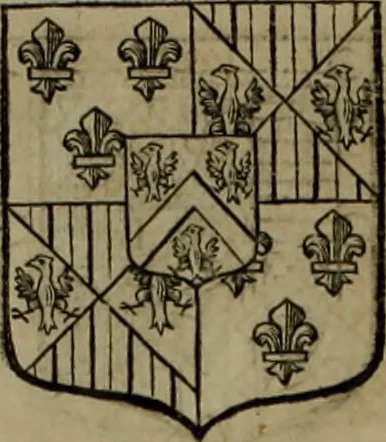 An illustration from Histoire généalogique et chronologique de la maison royale de France, des pairs, grands officiers de la couronne & de la maison du roy & des anciens barons du royaume : avec les qualitez, l'origine, le progrés & les armes de leurs familles; ensemble les statuts & le catalogue des chevaliers, commandeurs, & officiers de l'ordre du S. Esprit : le tovt dressé svr titres originaux, svr les registres des chartes du roy, du parlement, de la chambre des comptes, & du châtelet de Paris, cartulaires, manuscrits de la bibliotheque du roy, & d'autres cabinets curieux, 1726, leaf 227