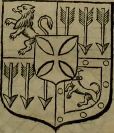An illustration from Histoire généalogique et chronologique de la maison royale de France, des pairs, grands officiers de la couronne & de la maison du roy & des anciens barons du royaume : avec les qualitez, l'origine, le progrés & les armes de leurs familles; ensemble les statuts & le catalogue des chevaliers, commandeurs, & officiers de l'ordre du S. Esprit : le tovt dressé svr titres originaux, svr les registres des chartes du roy, du parlement, de la chambre des comptes, & du châtelet de Paris, cartulaires, manuscrits de la bibliotheque du roy, & d'autres cabinets curieux, 1726, leaf 229