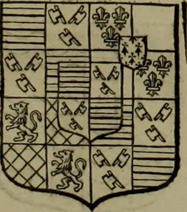 An illustration from Histoire généalogique et chronologique de la maison royale de France, des pairs, grands officiers de la couronne & de la maison du roy & des anciens barons du royaume : avec les qualitez, l'origine, le progrés & les armes de leurs familles; ensemble les statuts & le catalogue des chevaliers, commandeurs, & officiers de l'ordre du S. Esprit : le tovt dressé svr titres originaux, svr les registres des chartes du roy, du parlement, de la chambre des comptes, & du châtelet de Paris, cartulaires, manuscrits de la bibliotheque du roy, & d'autres cabinets curieux, 1726, leaf 248