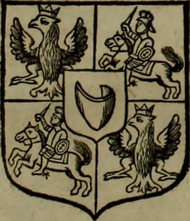 An illustration from Histoire généalogique et chronologique de la maison royale de France, des pairs, grands officiers de la couronne & de la maison du roy & des anciens barons du royaume : avec les qualitez, l'origine, le progrés & les armes de leurs familles; ensemble les statuts & le catalogue des chevaliers, commandeurs, & officiers de l'ordre du S. Esprit : le tovt dressé svr titres originaux, svr les registres des chartes du roy, du parlement, de la chambre des comptes, & du châtelet de Paris, cartulaires, manuscrits de la bibliotheque du roy, & d'autres cabinets curieux, 1726, leaf 258