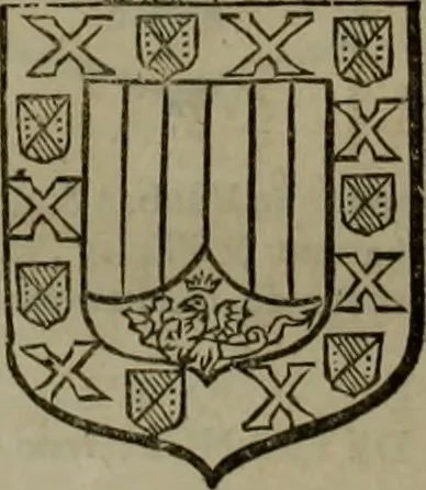 An illustration from Histoire généalogique et chronologique de la maison royale de France, des pairs, grands officiers de la couronne & de la maison du roy & des anciens barons du royaume : avec les qualitez, l'origine, le progrés & les armes de leurs familles; ensemble les statuts & le catalogue des chevaliers, commandeurs, & officiers de l'ordre du S. Esprit : le tovt dressé svr titres originaux, svr les registres des chartes du roy, du parlement, de la chambre des comptes, & du châtelet de Paris, cartulaires, manuscrits de la bibliotheque du roy, & d'autres cabinets curieux, 1726, leaf 265