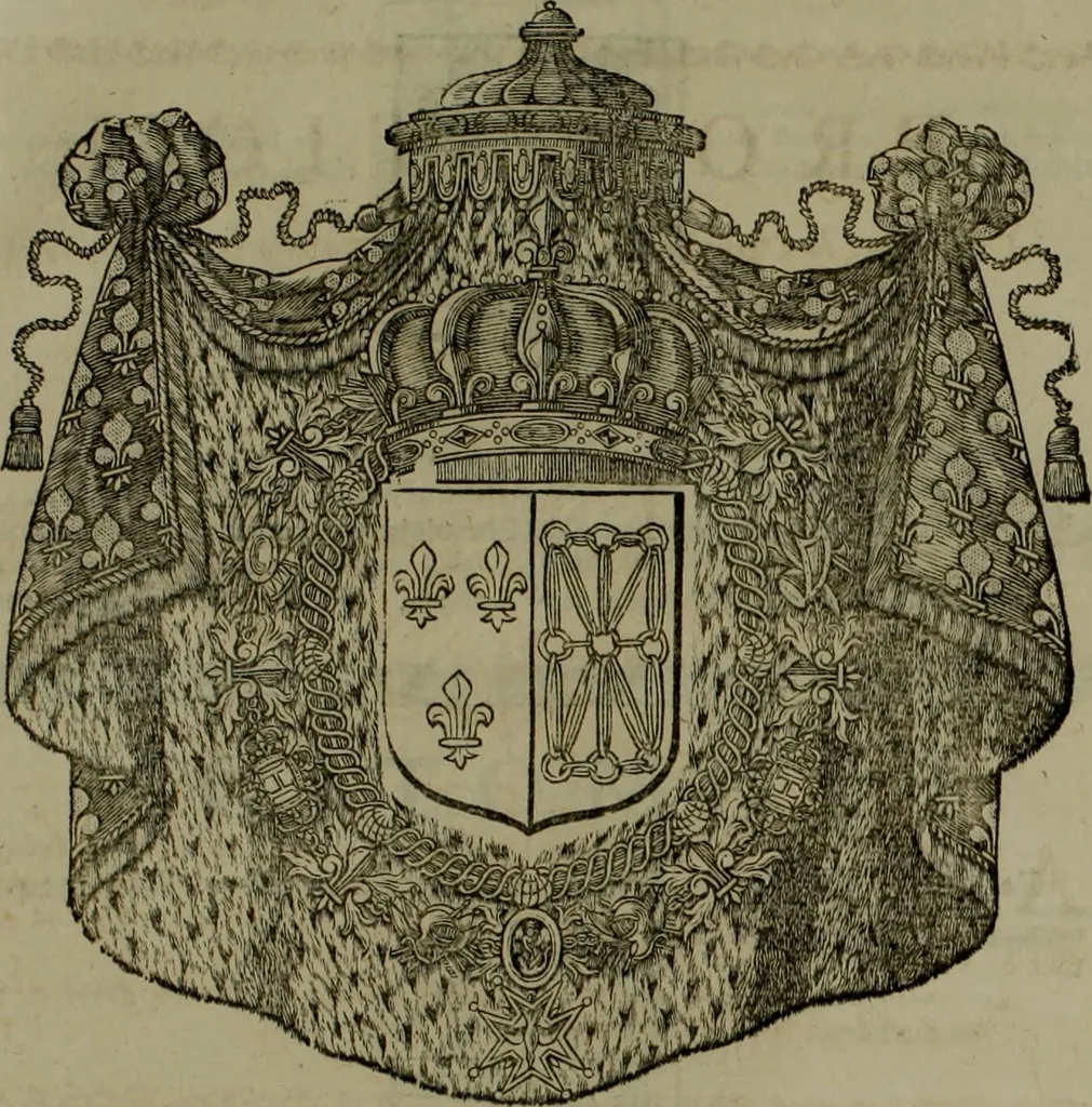 An illustration from Histoire généalogique et chronologique de la maison royale de France, des pairs, grands officiers de la couronne & de la maison du roy & des anciens barons du royaume : avec les qualitez, l'origine, le progrés & les armes de leurs familles; ensemble les statuts & le catalogue des chevaliers, commandeurs, & officiers de l'ordre du S. Esprit : le tovt dressé svr titres originaux, svr les registres des chartes du roy, du parlement, de la chambre des comptes, & du châtelet de Paris, cartulaires, manuscrits de la bibliotheque du roy, & d'autres cabinets curieux, 1726, leaf 270