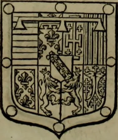 An illustration from Histoire généalogique et chronologique de la maison royale de France, des pairs, grands officiers de la couronne & de la maison du roy & des anciens barons du royaume : avec les qualitez, l'origine, le progrés & les armes de leurs familles; ensemble les statuts & le catalogue des chevaliers, commandeurs, & officiers de l'ordre du S. Esprit : le tovt dressé svr titres originaux, svr les registres des chartes du roy, du parlement, de la chambre des comptes, & du châtelet de Paris, cartulaires, manuscrits de la bibliotheque du roy, & d'autres cabinets curieux, 1726, leaf 273