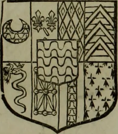 An illustration from Histoire généalogique et chronologique de la maison royale de France, des pairs, grands officiers de la couronne & de la maison du roy & des anciens barons du royaume : avec les qualitez, l'origine, le progrés & les armes de leurs familles; ensemble les statuts & le catalogue des chevaliers, commandeurs, & officiers de l'ordre du S. Esprit : le tovt dressé svr titres originaux, svr les registres des chartes du roy, du parlement, de la chambre des comptes, & du châtelet de Paris, cartulaires, manuscrits de la bibliotheque du roy, & d'autres cabinets curieux, 1726, leaf 276