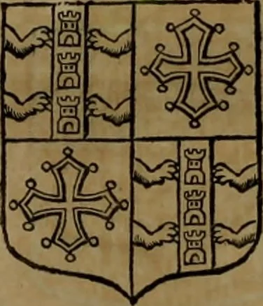 An illustration from Histoire généalogique et chronologique de la maison royale de France, des pairs, grands officiers de la couronne & de la maison du roy & des anciens barons du royaume : avec les qualitez, l'origine, le progrés & les armes de leurs familles; ensemble les statuts & le catalogue des chevaliers, commandeurs, & officiers de l'ordre du S. Esprit : le tovt dressé svr titres originaux, svr les registres des chartes du roy, du parlement, de la chambre des comptes, & du châtelet de Paris, cartulaires, manuscrits de la bibliotheque du roy, & d'autres cabinets curieux, 1726, leaf 279