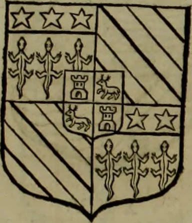 An illustration from Histoire généalogique et chronologique de la maison royale de France, des pairs, grands officiers de la couronne & de la maison du roy & des anciens barons du royaume : avec les qualitez, l'origine, le progrés & les armes de leurs familles; ensemble les statuts & le catalogue des chevaliers, commandeurs, & officiers de l'ordre du S. Esprit : le tovt dressé svr titres originaux, svr les registres des chartes du roy, du parlement, de la chambre des comptes, & du châtelet de Paris, cartulaires, manuscrits de la bibliotheque du roy, & d'autres cabinets curieux, 1726, leaf 280