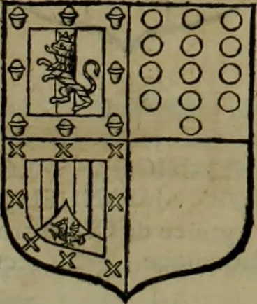 An illustration from Histoire généalogique et chronologique de la maison royale de France, des pairs, grands officiers de la couronne & de la maison du roy & des anciens barons du royaume : avec les qualitez, l'origine, le progrés & les armes de leurs familles; ensemble les statuts & le catalogue des chevaliers, commandeurs, & officiers de l'ordre du S. Esprit : le tovt dressé svr titres originaux, svr les registres des chartes du roy, du parlement, de la chambre des comptes, & du châtelet de Paris, cartulaires, manuscrits de la bibliotheque du roy, & d'autres cabinets curieux, 1726, leaf 298