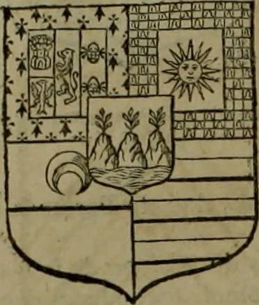 An illustration from Histoire généalogique et chronologique de la maison royale de France, des pairs, grands officiers de la couronne & de la maison du roy & des anciens barons du royaume : avec les qualitez, l'origine, le progrés & les armes de leurs familles; ensemble les statuts & le catalogue des chevaliers, commandeurs, & officiers de l'ordre du S. Esprit : le tovt dressé svr titres originaux, svr les registres des chartes du roy, du parlement, de la chambre des comptes, & du châtelet de Paris, cartulaires, manuscrits de la bibliotheque du roy, & d'autres cabinets curieux, 1726, leaf 299