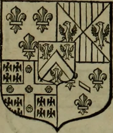 An illustration from Histoire généalogique et chronologique de la maison royale de France, des pairs, grands officiers de la couronne & de la maison du roy & des anciens barons du royaume : avec les qualitez, l'origine, le progrés & les armes de leurs familles; ensemble les statuts & le catalogue des chevaliers, commandeurs, & officiers de l'ordre du S. Esprit : le tovt dressé svr titres originaux, svr les registres des chartes du roy, du parlement, de la chambre des comptes, & du châtelet de Paris, cartulaires, manuscrits de la bibliotheque du roy, & d'autres cabinets curieux, 1726, leaf 306