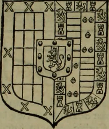 An illustration from Histoire généalogique et chronologique de la maison royale de France, des pairs, grands officiers de la couronne & de la maison du roy & des anciens barons du royaume : avec les qualitez, l'origine, le progrés & les armes de leurs familles; ensemble les statuts & le catalogue des chevaliers, commandeurs, & officiers de l'ordre du S. Esprit : le tovt dressé svr titres originaux, svr les registres des chartes du roy, du parlement, de la chambre des comptes, & du châtelet de Paris, cartulaires, manuscrits de la bibliotheque du roy, & d'autres cabinets curieux, 1726, leaf 308