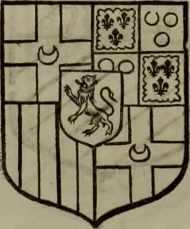 An illustration from Histoire généalogique et chronologique de la maison royale de France, des pairs, grands officiers de la couronne & de la maison du roy & des anciens barons du royaume : avec les qualitez, l'origine, le progrés & les armes de leurs familles; ensemble les statuts & le catalogue des chevaliers, commandeurs, & officiers de l'ordre du S. Esprit : le tovt dressé svr titres originaux, svr les registres des chartes du roy, du parlement, de la chambre des comptes, & du châtelet de Paris, cartulaires, manuscrits de la bibliotheque du roy, & d'autres cabinets curieux, 1726, leaf 315