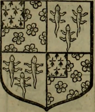 An illustration from Histoire généalogique et chronologique de la maison royale de France, des pairs, grands officiers de la couronne & de la maison du roy & des anciens barons du royaume : avec les qualitez, l'origine, le progrés & les armes de leurs familles; ensemble les statuts & le catalogue des chevaliers, commandeurs, & officiers de l'ordre du S. Esprit : le tovt dressé svr titres originaux, svr les registres des chartes du roy, du parlement, de la chambre des comptes, & du châtelet de Paris, cartulaires, manuscrits de la bibliotheque du roy, & d'autres cabinets curieux, 1726, leaf 326