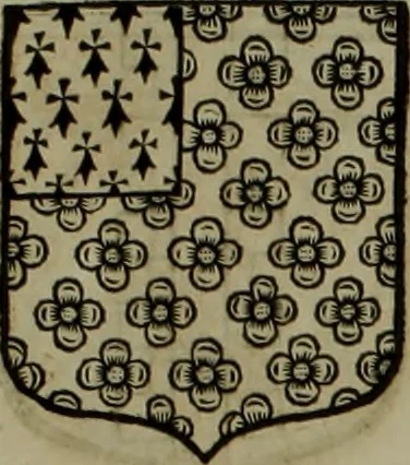 An illustration from Histoire généalogique et chronologique de la maison royale de France, des pairs, grands officiers de la couronne & de la maison du roy & des anciens barons du royaume : avec les qualitez, l'origine, le progrés & les armes de leurs familles; ensemble les statuts & le catalogue des chevaliers, commandeurs, & officiers de l'ordre du S. Esprit : le tovt dressé svr titres originaux, svr les registres des chartes du roy, du parlement, de la chambre des comptes, & du châtelet de Paris, cartulaires, manuscrits de la bibliotheque du roy, & d'autres cabinets curieux, 1726, leaf 348