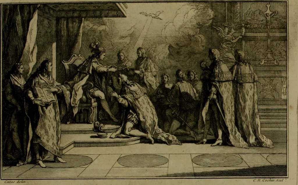An illustration from Histoire généalogique et chronologique de la maison royale de France, des pairs, grands officiers de la couronne & de la maison du roy & des anciens barons du royaume : avec les qualitez, l'origine, le progrés & les armes de leurs familles; ensemble les statuts & le catalogue des chevaliers, commandeurs, & officiers de l'ordre du S. Esprit : le tovt dressé svr titres originaux, svr les registres des chartes du roy, du parlement, de la chambre des comptes, & du châtelet de Paris, cartulaires, manuscrits de la bibliotheque du roy, & d'autres cabinets curieux, 1726, leaf 58