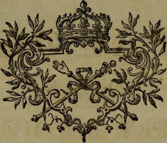 An illustration from Histoire généalogique et chronologique de la maison royale de France, des pairs, grands officiers de la couronne & de la maison du roy & des anciens barons du royaume : avec les qualitez, l'origine, le progrés & les armes de leurs familles; ensemble les statuts & le catalogue des chevaliers, commandeurs, & officiers de l'ordre du S. Esprit : le tovt dressé svr titres originaux, svr les registres des chartes du roy, du parlement, de la chambre des comptes, & du châtelet de Paris, cartulaires, manuscrits de la bibliotheque du roy, & d'autres cabinets curieux, 1726, leaf 59