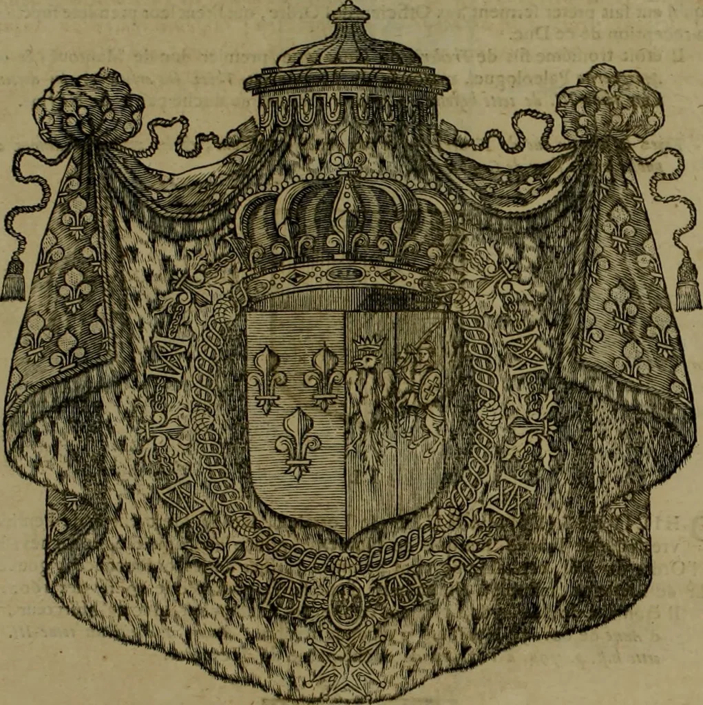An illustration from Histoire généalogique et chronologique de la maison royale de France, des pairs, grands officiers de la couronne & de la maison du roy & des anciens barons du royaume : avec les qualitez, l'origine, le progrés & les armes de leurs familles; ensemble les statuts & le catalogue des chevaliers, commandeurs, & officiers de l'ordre du S. Esprit : le tovt dressé svr titres originaux, svr les registres des chartes du roy, du parlement, de la chambre des comptes, & du châtelet de Paris, cartulaires, manuscrits de la bibliotheque du roy, & d'autres cabinets curieux, 1726, leaf 60