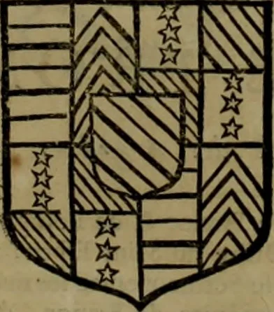 An illustration from Histoire généalogique et chronologique de la maison royale de France, des pairs, grands officiers de la couronne & de la maison du roy & des anciens barons du royaume : avec les qualitez, l'origine, le progrés & les armes de leurs familles; ensemble les statuts & le catalogue des chevaliers, commandeurs, & officiers de l'ordre du S. Esprit : le tovt dressé svr titres originaux, svr les registres des chartes du roy, du parlement, de la chambre des comptes, & du châtelet de Paris, cartulaires, manuscrits de la bibliotheque du roy, & d'autres cabinets curieux, 1726, leaf 61