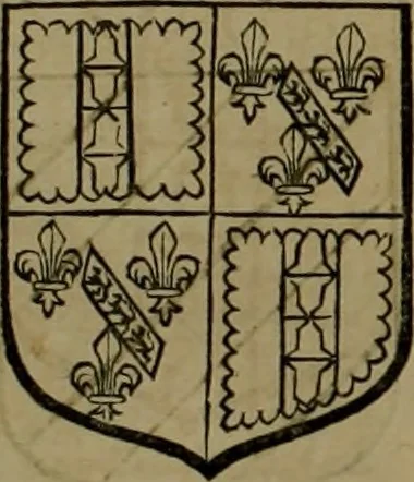 An illustration from Histoire généalogique et chronologique de la maison royale de France, des pairs, grands officiers de la couronne & de la maison du roy & des anciens barons du royaume : avec les qualitez, l'origine, le progrés & les armes de leurs familles; ensemble les statuts & le catalogue des chevaliers, commandeurs, & officiers de l'ordre du S. Esprit : le tovt dressé svr titres originaux, svr les registres des chartes du roy, du parlement, de la chambre des comptes, & du châtelet de Paris, cartulaires, manuscrits de la bibliotheque du roy, & d'autres cabinets curieux, 1726, leaf 64