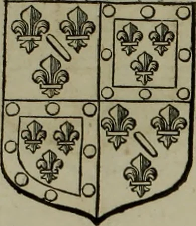 An illustration from Histoire généalogique et chronologique de la maison royale de France, des pairs, grands officiers de la couronne & de la maison du roy & des anciens barons du royaume : avec les qualitez, l'origine, le progrés & les armes de leurs familles; ensemble les statuts & le catalogue des chevaliers, commandeurs, & officiers de l'ordre du S. Esprit : le tovt dressé svr titres originaux, svr les registres des chartes du roy, du parlement, de la chambre des comptes, & du châtelet de Paris, cartulaires, manuscrits de la bibliotheque du roy, & d'autres cabinets curieux, 1726, leaf 74
