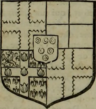 An illustration from Histoire généalogique et chronologique de la maison royale de France, des pairs, grands officiers de la couronne & de la maison du roy & des anciens barons du royaume : avec les qualitez, l'origine, le progrés & les armes de leurs familles; ensemble les statuts & le catalogue des chevaliers, commandeurs, & officiers de l'ordre du S. Esprit : le tovt dressé svr titres originaux, svr les registres des chartes du roy, du parlement, de la chambre des comptes, & du châtelet de Paris, cartulaires, manuscrits de la bibliotheque du roy, & d'autres cabinets curieux, 1726, leaf 80