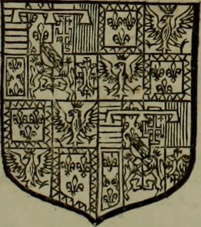 An illustration from Histoire généalogique et chronologique de la maison royale de France, des pairs, grands officiers de la couronne & de la maison du roy & des anciens barons du royaume : avec les qualitez, l'origine, le progrés & les armes de leurs familles; ensemble les statuts & le catalogue des chevaliers, commandeurs, & officiers de l'ordre du S. Esprit : le tovt dressé svr titres originaux, svr les registres des chartes du roy, du parlement, de la chambre des comptes, & du châtelet de Paris, cartulaires, manuscrits de la bibliotheque du roy, & d'autres cabinets curieux, 1726, leaf 82