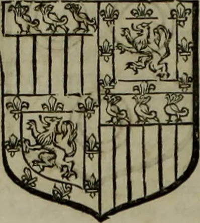 An illustration from Histoire généalogique et chronologique de la maison royale de France, des pairs, grands officiers de la couronne & de la maison du roy & des anciens barons du royaume : avec les qualitez, l'origine, le progrés & les armes de leurs familles; ensemble les statuts & le catalogue des chevaliers, commandeurs, & officiers de l'ordre du S. Esprit : le tovt dressé svr titres originaux, svr les registres des chartes du roy, du parlement, de la chambre des comptes, & du châtelet de Paris, cartulaires, manuscrits de la bibliotheque du roy, & d'autres cabinets curieux, 1726, leaf 83