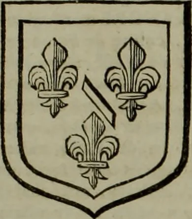 An illustration from Histoire généalogique et chronologique de la maison royale de France, des pairs, grands officiers de la couronne & de la maison du roy & des anciens barons du royaume : avec les qualitez, l'origine, le progrés & les armes de leurs familles; ensemble les statuts & le catalogue des chevaliers, commandeurs, & officiers de l'ordre du S. Esprit : le tovt dressé svr titres originaux, svr les registres des chartes du roy, du parlement, de la chambre des comptes, & du châtelet de Paris, cartulaires, manuscrits de la bibliotheque du roy, & d'autres cabinets curieux, 1726, leaf 96