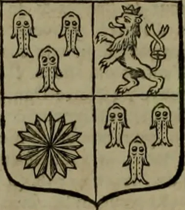 An illustration from Histoire généalogique et chronologique de la maison royale de France, des pairs, grands officiers de la couronne & de la maison du roy & des anciens barons du royaume : avec les qualitez, l'origine, le progrés & les armes de leurs familles; ensemble les statuts & le catalogue des chevaliers, commandeurs, & officiers de l'ordre du S. Esprit : le tovt dressé svr titres originaux, svr les registres des chartes du roy, du parlement, de la chambre des comptes, & du châtelet de Paris, cartulaires, manuscrits de la bibliotheque du roy, & d'autres cabinets curieux, 1726, leaf 99