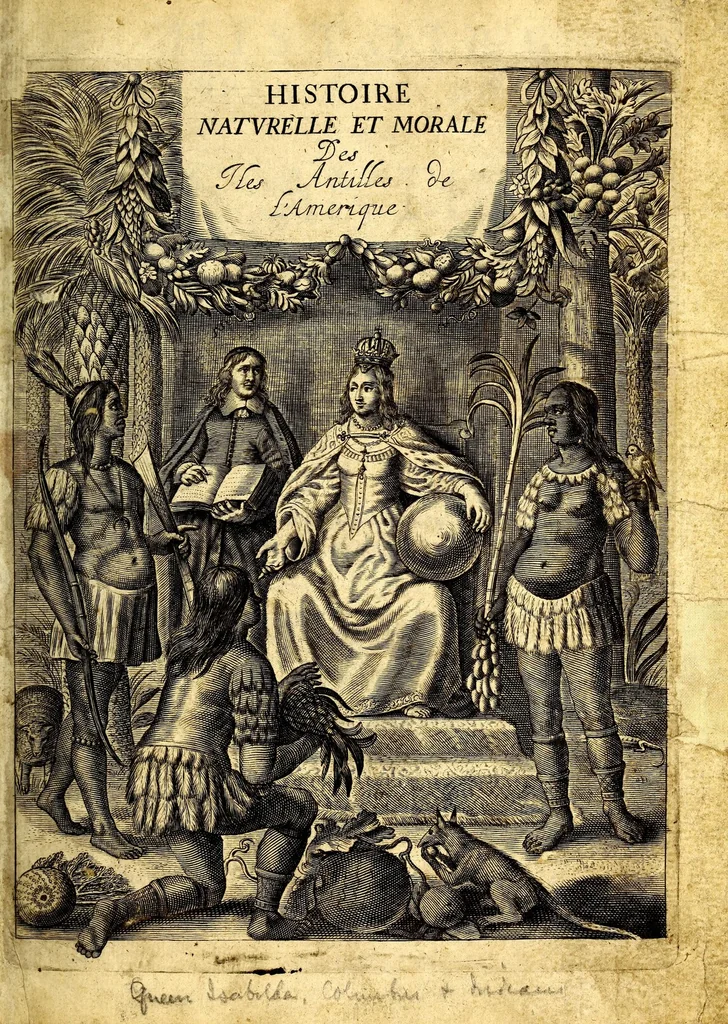 An illustration from Histoire naturelle et morale des iles Antilles de l'Amerique. Enrichie d'un grand nombre de belles figures en taille douce, des places & des raretez les plus considerables, qui y sont décrites. Avec un vocabulaire caraïbe, 1665, leaf 5