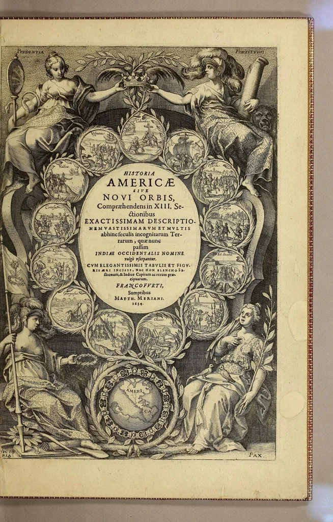 An illustration from Historia Americae siue Noui Orbis. : Continens in XIII. distinctis partibus verissimam, exactissimam, et admirandam descriptionem, vastissimarum, et multis abhinc seculis incognitarum terrarum, quae patrum memoria primùm detectae, nunc passim Indiae Occidentalis nomine vulgò vsurpantur. Narratio incredibilis jucunditatis et vtilitatis: in qua de natvra et situ noui illius orbis; de ratione coeli, elementorum ac meteororum, de priscorum incolarum horrendâ idolomaniâ; de statu ac formis politiae, rerumpubl. & imperiorum: anarchia, feritate et barbarie quorumdam; oeconomia, moribus ac ritibus diuersarum gentium; qualitate soli; alluuione vteriusq[ue] oceani; fluuiorum indole; vbertate frugum; praestantia metallorum; volucrum, animalium, pisciumq[ue]; illi orbis parti peculiarium, ingenios miraculis naturae bellis Indorum mutuis et quicquid praeterea curiosus lector desiderare potest, verè, perspicuè et sufficienter pertractatur. Cum exegesi vlteriore, quomodo & à quibus primitus illae regiones detectae, subactaeq[ue] sint: quae nauigationes à diuersis Europae populis, & quàm variâ fortunâ, ad haec vsque tempora, eò susceptae fuerint: annexâ enumeratione conuersationis, commerciorum, bellorumque cum Indis, terrae incolis. Ornata elegantissimis tabulis geographicis, et figuris aeri artificiose incisis innumeris, quibus historiae ipsi lux, lectori delectatio creatur. Deniq[ue] accessit Elenchus sectionum, & index capitum rerumq[ue] praecipuarum in toto opere contentarum, 1634, leaf 7