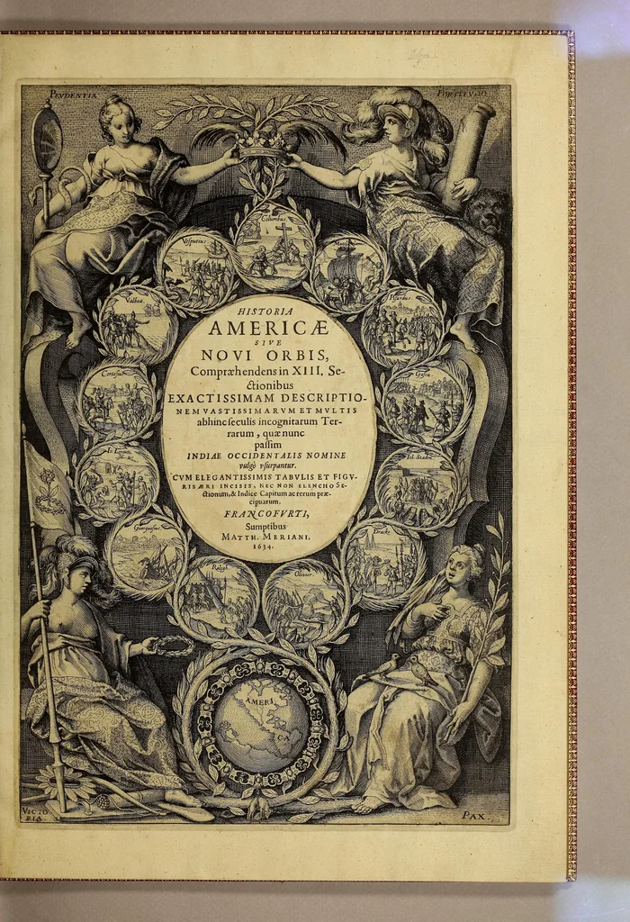 An illustration from Historia Americae siue Noui Orbis. : Continens in XIII. distinctis partibus verissimam, exactissimam, et admirandam descriptionem, vastissimarum, et multis abhinc seculis incognitarum terrarum, quae patrum memoria primùm detectae, nunc passim Indiae Occidentalis nomine vulgò vsurpantur. Narratio incredibilis jucunditatis et vtilitatis: in qua de natvra et situ noui illius orbis; de ratione coeli, elementorum ac meteororum, de priscorum incolarum horrendâ idolomaniâ; de statu ac formis politiae, rerumpubl. & imperiorum: anarchia, feritate et barbarie quorumdam; oeconomia, moribus ac ritibus diuersarum gentium; qualitate soli; alluuione vteriusq[ue] oceani; fluuiorum indole; vbertate frugum; praestantia metallorum; volucrum, animalium, pisciumq[ue]; illi orbis parti peculiarium, ingenio miraculis naturae bellis Indorum mutuis et quicquid praeterea curiosus lector desiderare potest, verè, perspicuè et sufficienter pertractatur. Cum exegesi vlteriore, quomodo & à quibus primitus illae regiones detectae, subactaeq[ue] sint: quae nauigationes à diuersis Europae populis, & quàm variâ fortunâ, ad haec vsque tempora, eò susceptae fuerint: annexâ enumeratione conuersationis, commerciorum, bellorumque cum Indis, terrae incolis. Ornata elegantissimis tabulis geographicis, et figuris aeri artificiose incisis innumeris, quibus historiae ipsi lux, lectori delectatio creatur. Deniq[ue] accessit Elenchus sectionum, & index capitum rerumq[ue] praecipuarum in toto opere contentarum, 1634, leaf 7