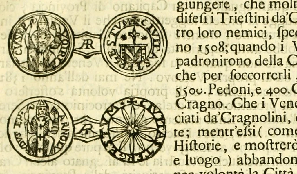 An illustration from Historia antica, e moderna: sacra, e profana, della città di Trieste ... : con la notitia di molt'arcani d'antichità ... e gesti d'huomini illustri ... sin'à ... 1698, 1698, leaf 123